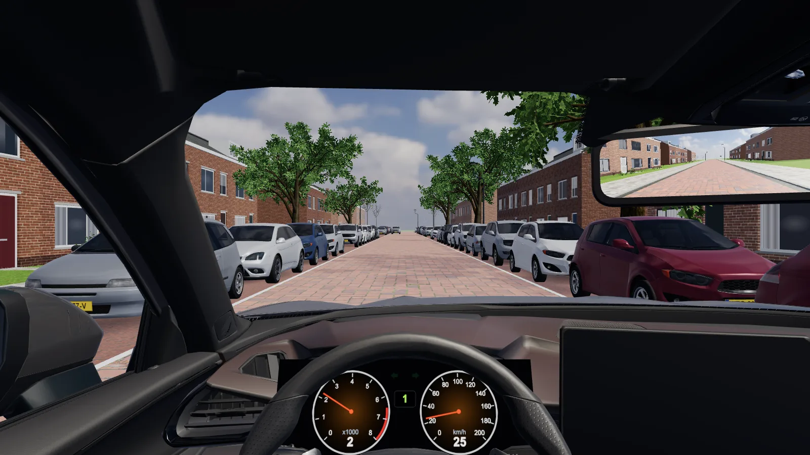 Uitzicht vanuit de cockpit van de rijlessimulator: dashboard met snelheidsmeter, binnenspiegel en een Nederlandse woonstraat met aan beide kanten geparkeerde auto’s.