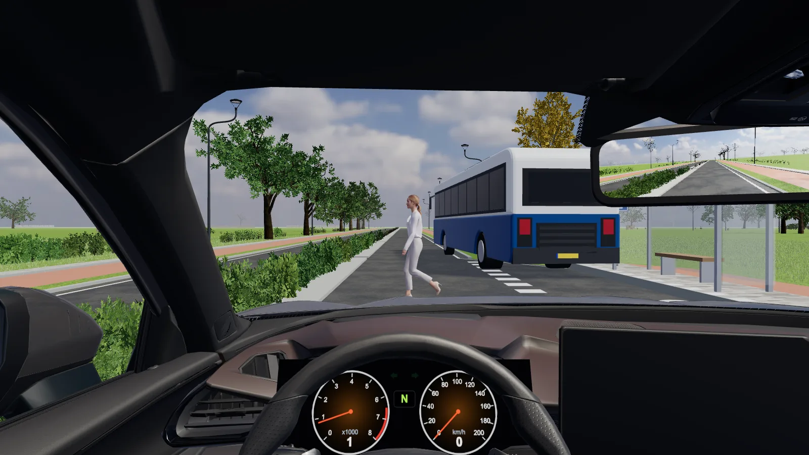 Beeld uit de les “Bus bij de halte” in de rijlessimulator.