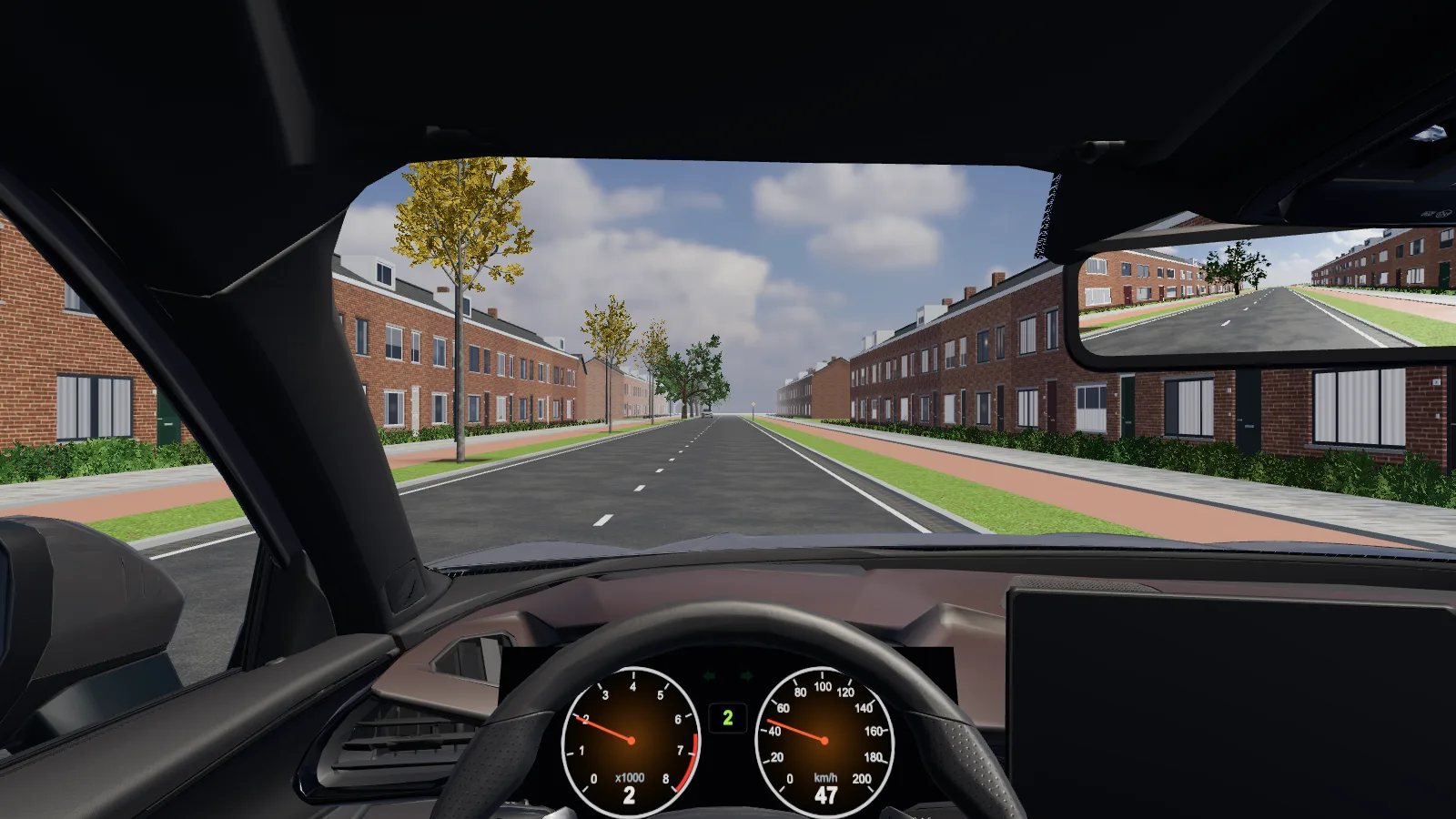 Beeld uit de les “Links afslaan met tegenliggers” in de rijlessimulator.