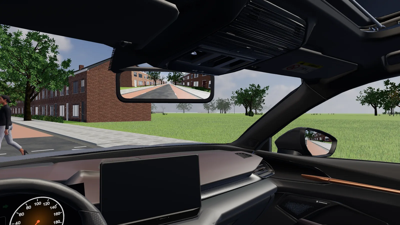 Beeld uit de les “Voetgangersoversteekplaats” in de rijlessimulator.