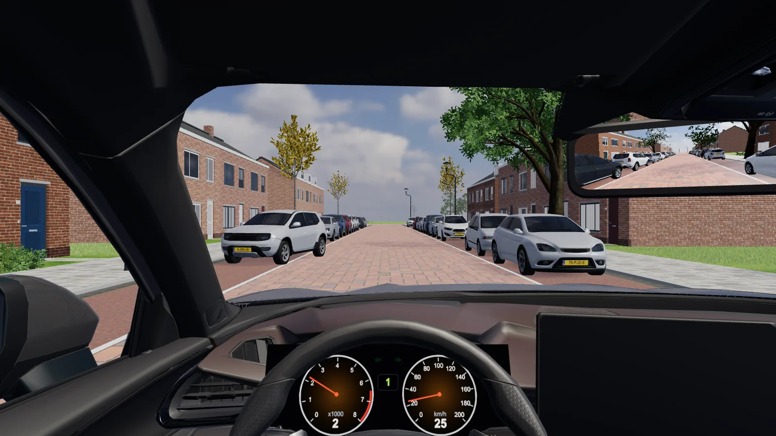 Beeld uit de les “Plaats op de weg: rechte stukken” in de rijlessimulator.