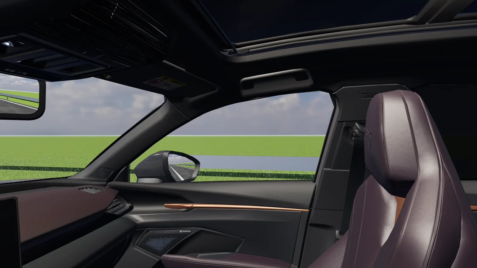 Beeld uit de les “Uitvoegen van de snelweg” in de rijlessimulator.