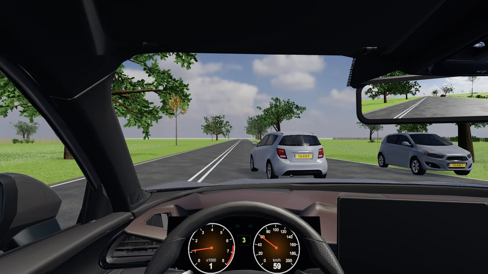 Beeld uit de les “Volgafstand” in de rijlessimulator.