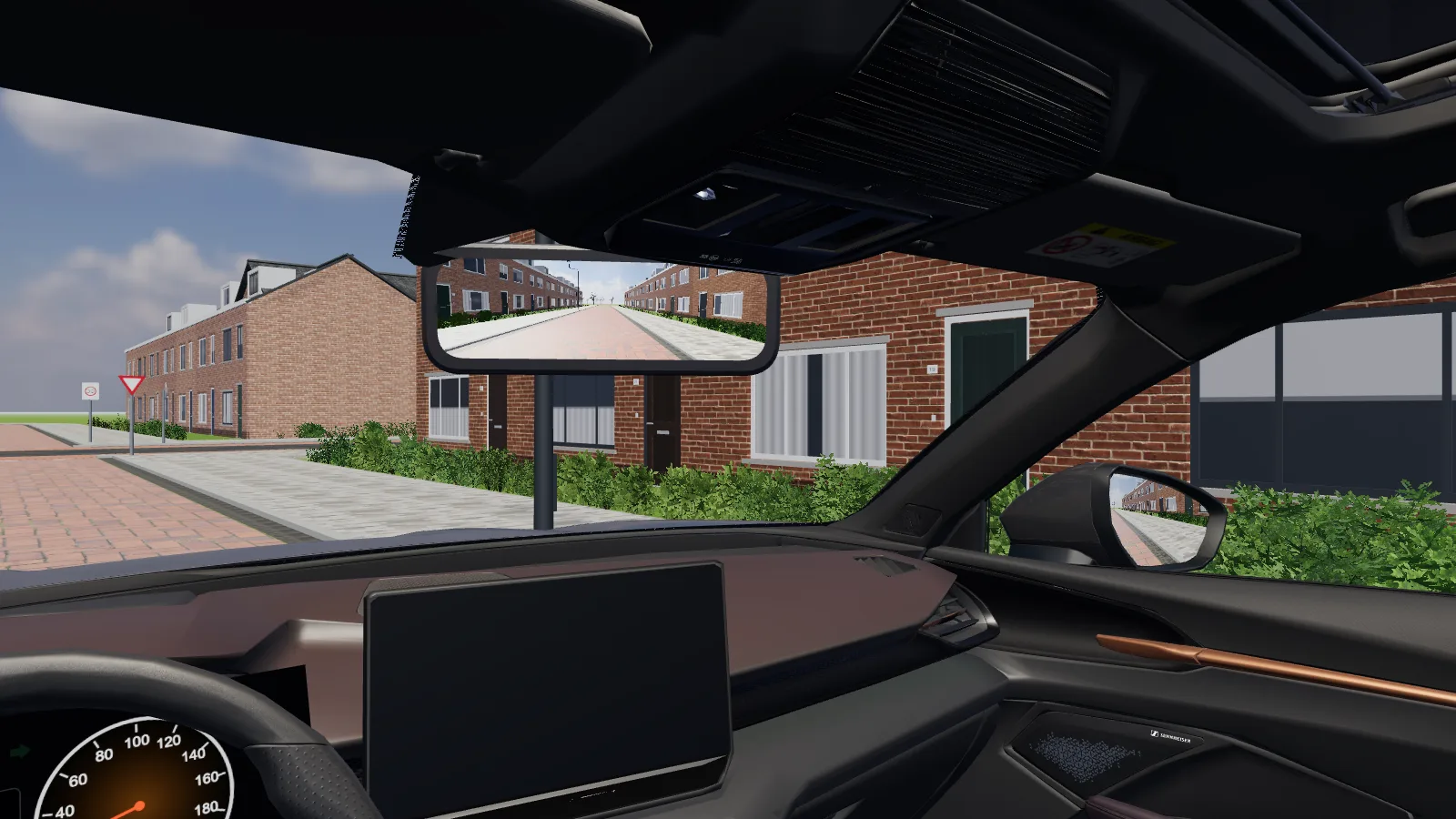 Beeld uit de les “Voorrang verlenen met haaientanden” in de rijlessimulator.