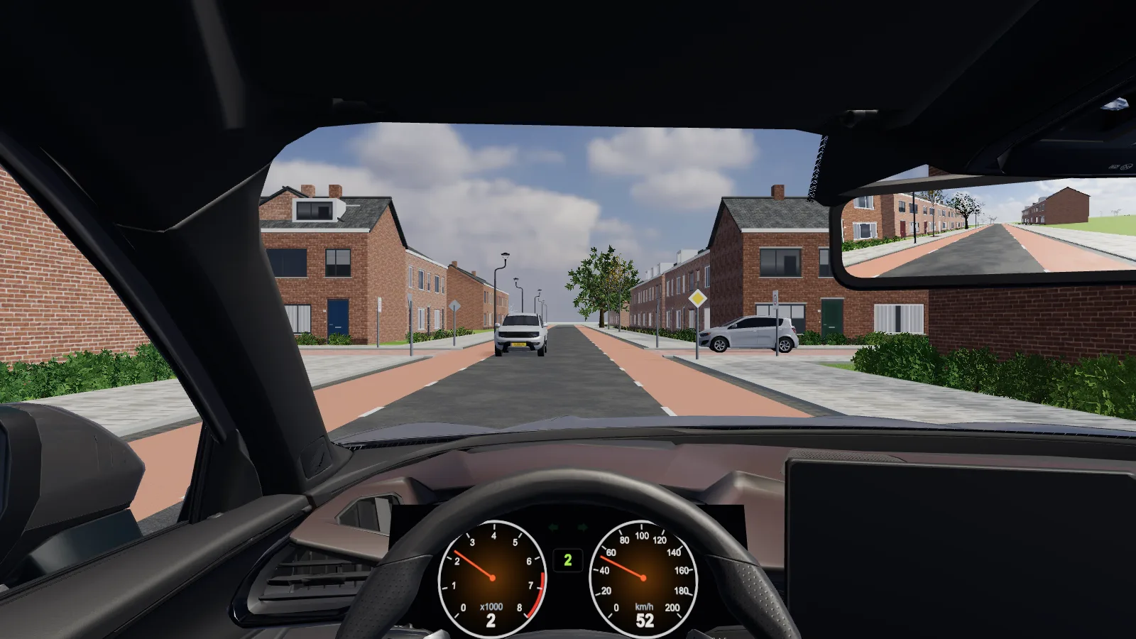 Beeld uit de les “Voorrangsweg — jij hebt voorrang” in de rijlessimulator.